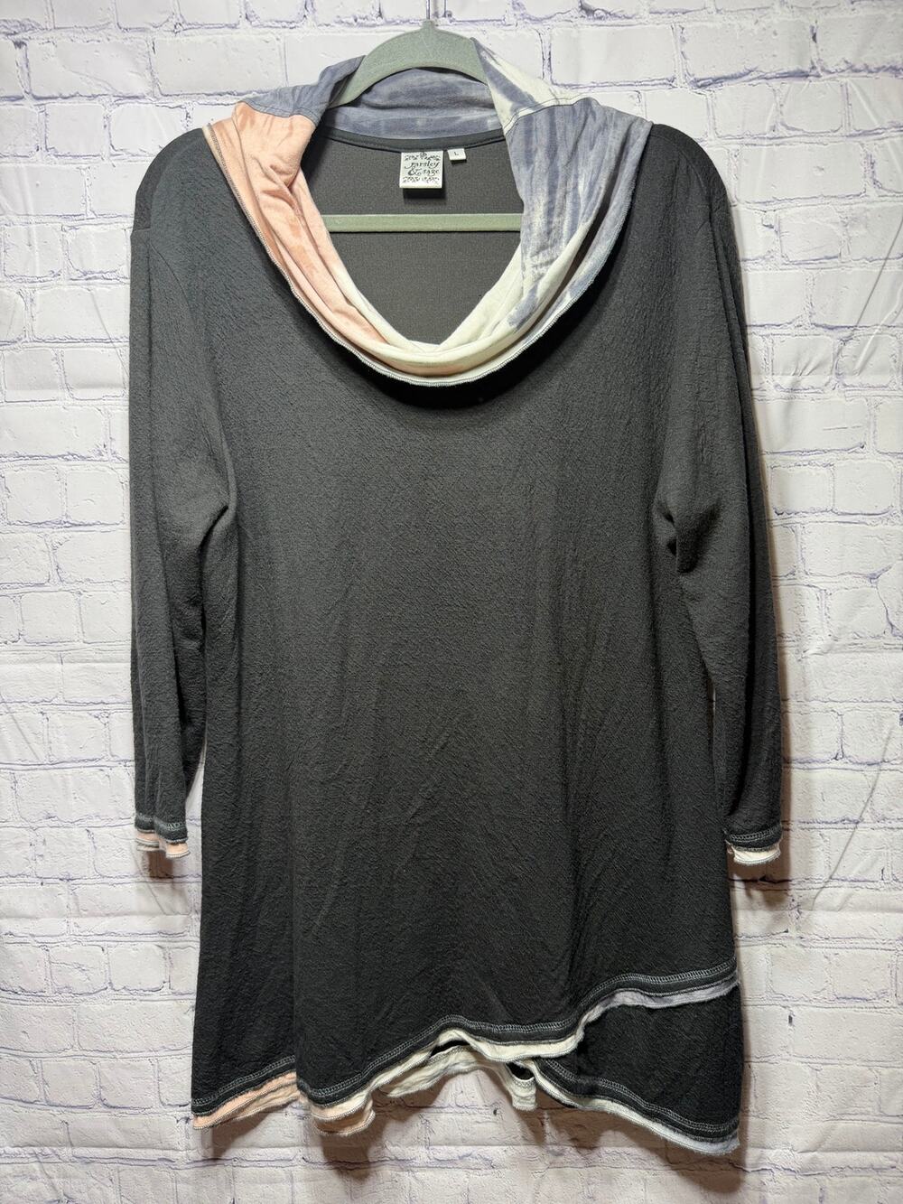 Parsley & Sage Cowl Neck Longer Length Top Black Multi Sz L Artsy Lagenlook